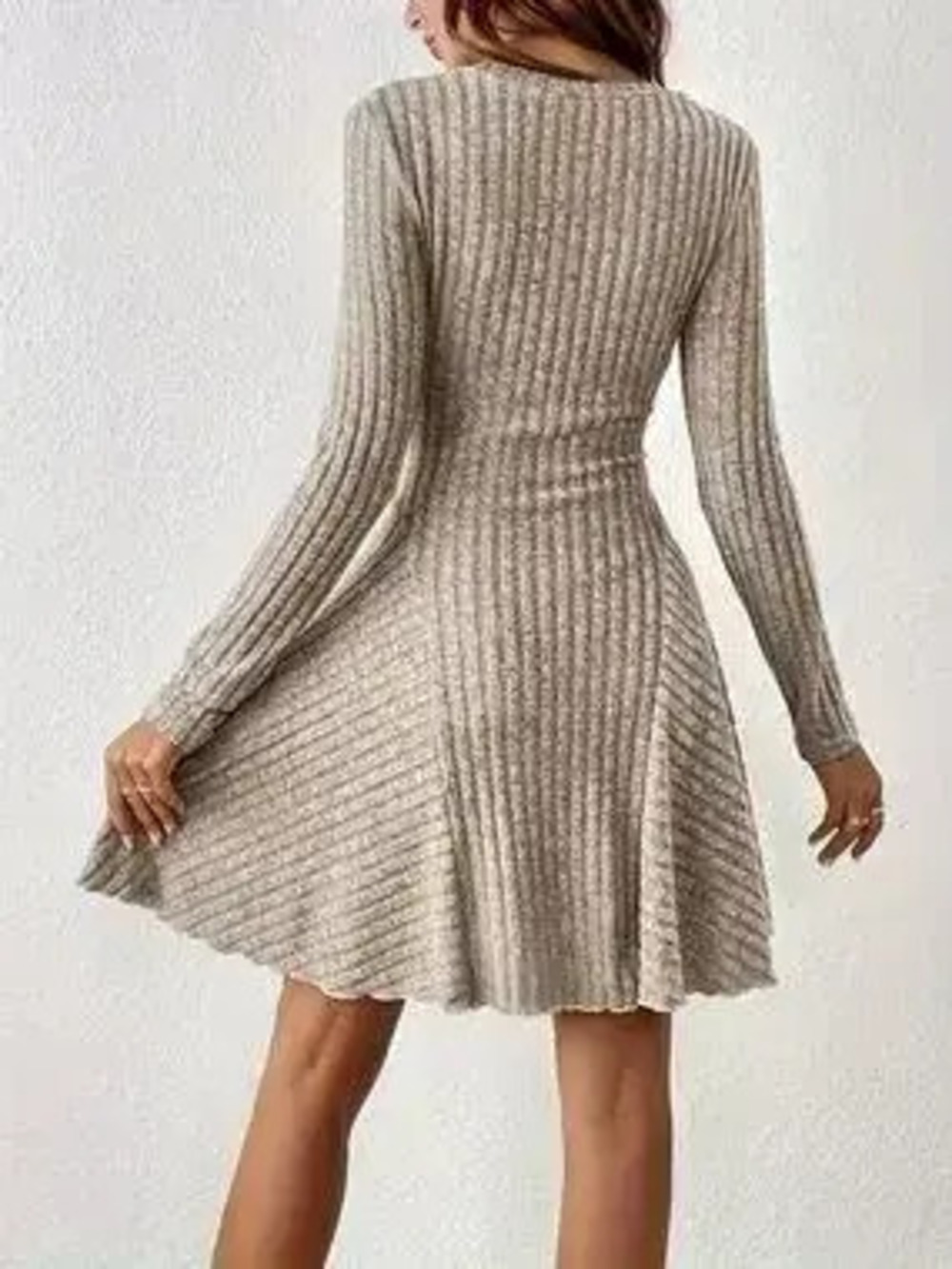 V-Neck Ribbed Knit Flared Knit Dress - Picture 2 of 9